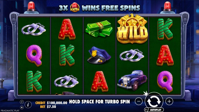 Cash Patrol slot interface showing reels and game layout